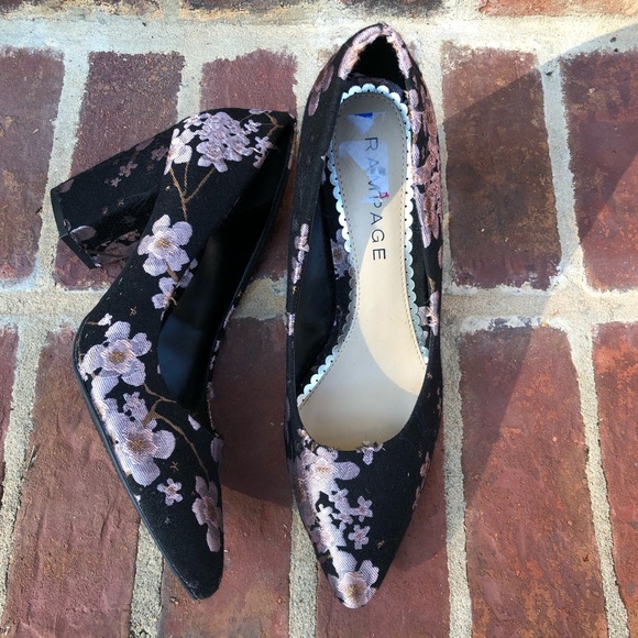 Rampage "Bethie" Floral Print Pointy Toe Pumps Block Heel Purple Black 10 - Picture 6 of 11